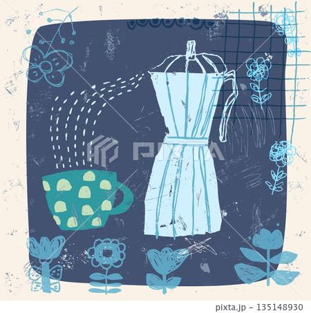 Mocha Coffee Pot and Cup Vector Illustration, Modern Poster with Doodle Art Print for Coffee Package Designs 135148930