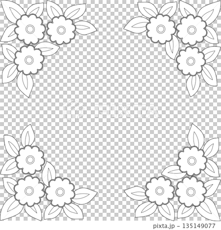 Square floral frame with place for text, photo, etc. Wreath of flowers. Monochrome flowers and leaves. Florals coloring page. Greeting card design of flowers 135149077