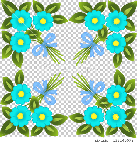 Bouquets of three blue flowers and ribbon. Spring blue flowers and green leaves. Bright florals mandala illustration. Square flowers design for bandana, scarf, greeting card Bouquets of three blue flowers and ribbon. Spring blue flowers and green leaves. Bright florals mandala illustration. Square flowers design for bandana, scarf, greeting card 135149078