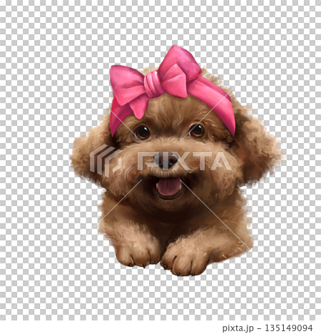 Isolated illustration of a small brown poodle or labradoodle puppy character wearing a large pink headband bow. Perfect for nursery decor, children's greeting cards, stickers, or pet-themed stationery 135149094