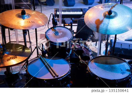 drum kit on stage before a concert 135150641