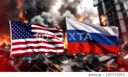flags of the usa and russia against the background of destruction and war fire 135151052