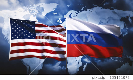 usa and russia flags against a blue world map background 135151072