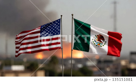 flags of the usa and mexico in the foreground against a heavy fire and thick black smoke in the city flags of the usa and mexico in the foreground against a heavy fire and thick black smoke in the city 135151081