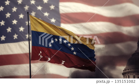 venezuelan flag against the background of the american flag and smoke 135151082