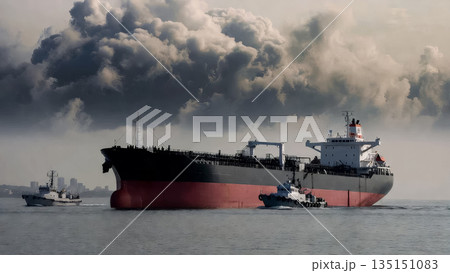 large oil tanker in the open sea with tugboats 135151083