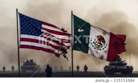 flags of the usa and mexico against the backdrop of tanks and smoke flags of the usa and mexico against the backdrop of tanks and smoke 135151084
