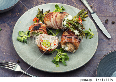 Asparagus with Meat on a Plate 135151119