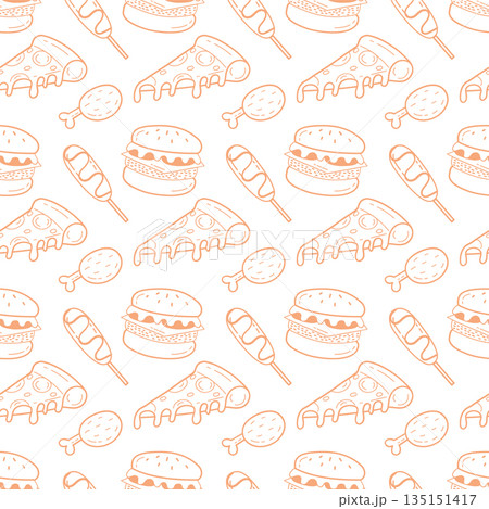 Hand Drawn Cute Fast Food Seamless Pattern with Pizza, Burger and Snacks Hand Drawn Cute Fast Food Seamless Pattern with Pizza, Burger and Snacks 135151417