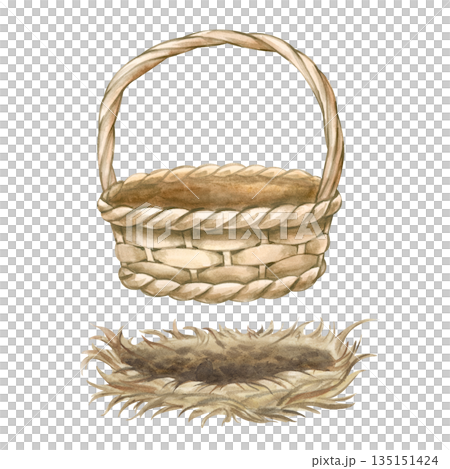 A monochrome set of empty wicker baskets with a handle and a round bird's nest. Watercolor illustration in beige on an isolated background. Realistic clipart in natural colors for rural areas and A monochrome set of empty wicker baskets with a handle and a round bird's nest. Watercolor illustration in beige on an isolated background. Realistic clipart in natural colors for rural areas and 135151424
