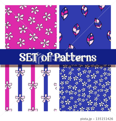 Bright Botanical Seamless Pattern Set with Vibrant Colorful Plant Inspired Elements 135151426