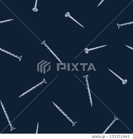 Seamless pattern with iron screws on a dark background. Watercolor illustration. The realistic template is suitable for packaging, wallpaper, wrapping paper, as well as the design of a repair service 135151441
