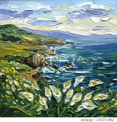 Coastal cliff seascape with white calla lilies overlooking blue ocean under layered clouds in textured impasto painting 135151462