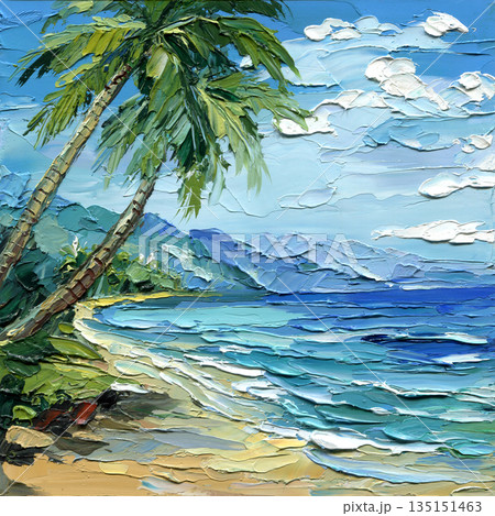 Tropical beach landscape painting with palm trees blue ocean and distant mountains in impasto texture for summer coastal decor 135151463