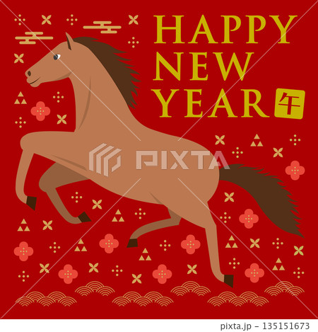 横向きの馬と和柄のイラストの正方形の年賀状_HAPPY NEW YEAR_赤 135151673