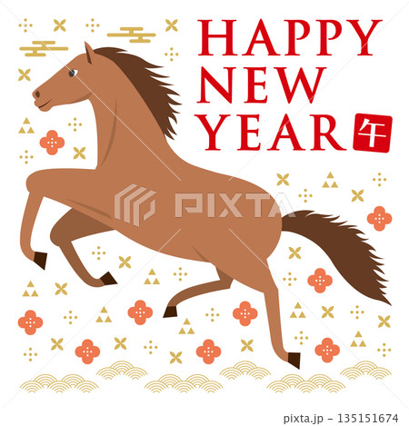 横向きの馬と和柄のイラストの正方形の年賀状_HAPPY NEW YEAR_白 135151674