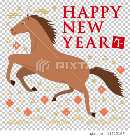 横向きの馬と和柄のイラストの正方形の年賀状_HAPPY NEW YEAR_白 135151674