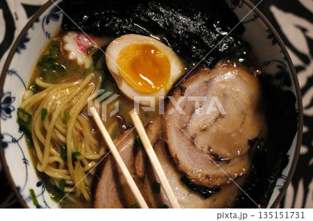 Steaming Hot Bowl of Traditional Japanese Ramen 135151731