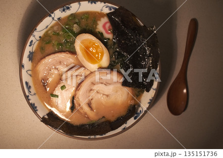 Steaming Hot Bowl of Traditional Japanese Ramen 135151736