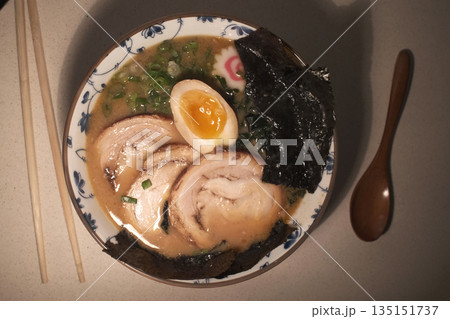 Steaming Hot Bowl of Traditional Japanese Ramen 135151737