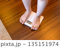 リビングで体重を計る若い女性 体重計に乗る足元 体重表示なし 色味オレンジ色 トリミングアップ リビングで体重を計る若い女性 体重計に乗る足元 体重表示なし 色味オレンジ色 トリミングアップ 135151974