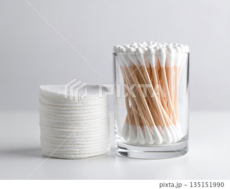 Various personal care products. White cotton swabs and reusable cotton pads neatly stacked on a white background. Various personal care products. White cotton swabs and reusable cotton pads neatly stacked on a white background. 135151990