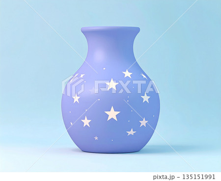 Mockup for branding product for interior. Ceramic vase in violet tones with a pattern of stars on a white background. Modern minimalist vase. Night style. Mockup for branding product for interior. Ceramic vase in violet tones with a pattern of stars on a white background. Modern minimalist vase. Night style. 135151991