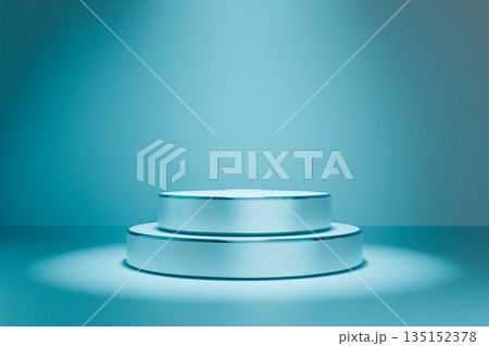 Cyan tiered circular podium on blue background. Cyan tiered circular podium on blue background. 135152378