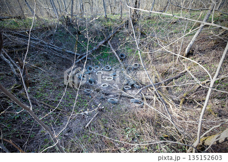 Illegal dump of old used tires in the woods near the road. Old tyres polluting the nature 135152603