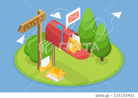 3D Isometric Flat Vector Illustration of World Post Day, Delivery, Messages and Communication 135153401