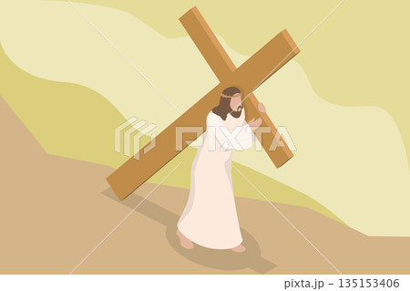 3D Isometric Flat Vector Illustration of Jesus And Cross, Son of God in Crown of Thorns 3D Isometric Flat Vector Illustration of Jesus And Cross, Son of God in Crown of Thorns 135153406