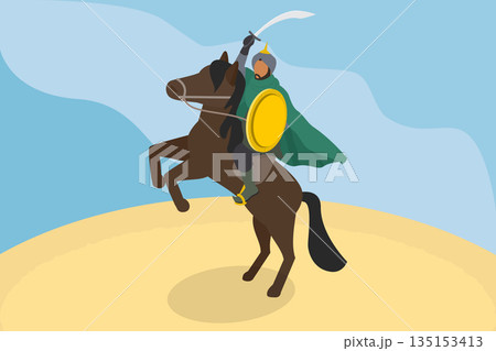 3D Isometric Flat Vector Illustration of Arab Warrior, Muslim Military Leader During The Crusades 3D Isometric Flat Vector Illustration of Arab Warrior, Muslim Military Leader During The Crusades 135153413