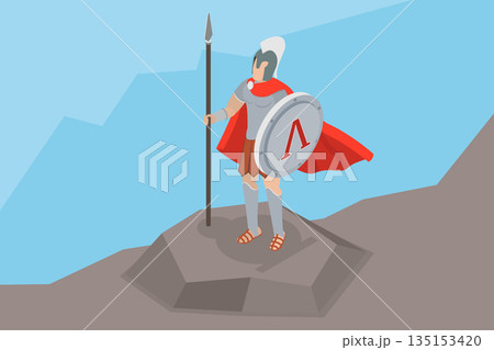 3D Isometric Flat Vector Illustration of Spartan Warrior, With Shield And Spear, Standing Proudly 3D Isometric Flat Vector Illustration of Spartan Warrior, With Shield And Spear, Standing Proudly 135153420