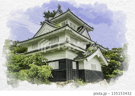 水彩画風　豊橋公園　吉田城　鉄櫓　愛知県豊橋市 135153432