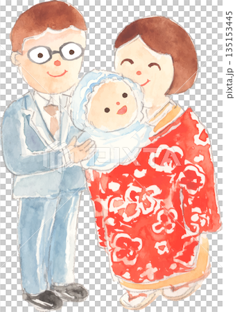 お宮参りをする赤ちゃんと夫婦のイラスト　ベクター 135153445