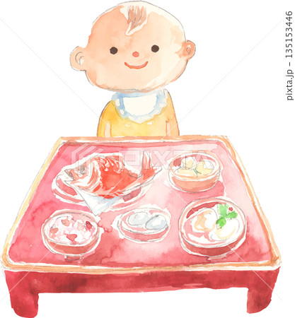 お食い初めをする赤ちゃんの水彩イラスト　ベクター 135153446