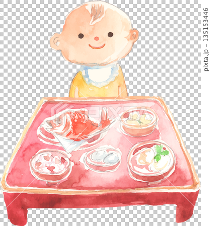 お食い初めをする赤ちゃんの水彩イラスト　ベクター 135153446