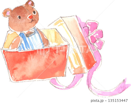ぬいぐるみの入っているプレゼント箱の水彩イラスト　ベクター 135153447