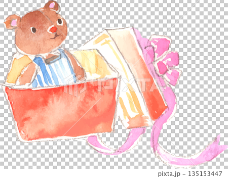 ぬいぐるみの入っているプレゼント箱の水彩イラスト　ベクター 135153447