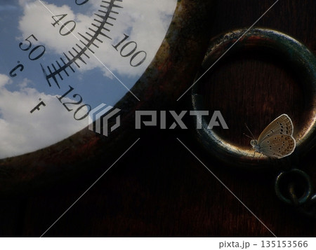 錆びた古い温度計と空とシジミチョウのコラージュ 錆びた古い温度計と空とシジミチョウのコラージュ 135153566