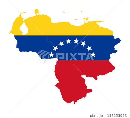 National flag of Venezuela in country silhouette. Venezuelan ensign, a banner and horizontal tricolour of yellow, blue, and red, with arc of eight five-pointed stars centered in the blue band. Vector 135153938