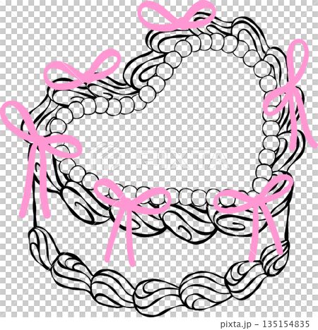 Coquette vintage heart shape cake Outline with pink ribbon bows whimsical hand drawn doodle Coquette vintage heart shape cake Outline with pink ribbon bows whimsical hand drawn doodle 135154835