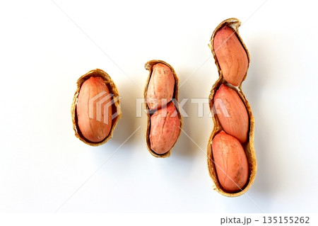 真上から見た白背景の殻を割った落花生 真上から見た白背景の殻を割った落花生 135155262