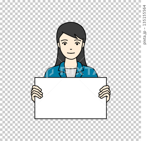 Illustration of a woman in work clothes holding a white information board in both hands 135155564