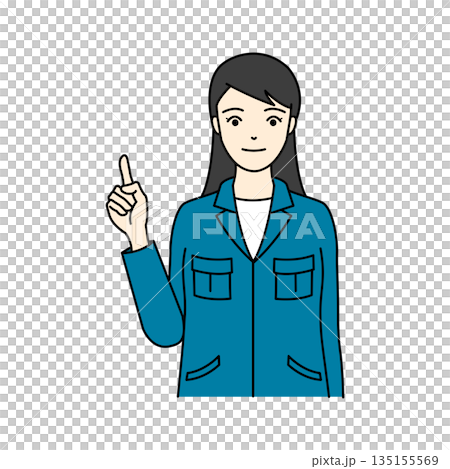 一位身穿工作服的女士面帶微笑，指著某樣東西。 135155569