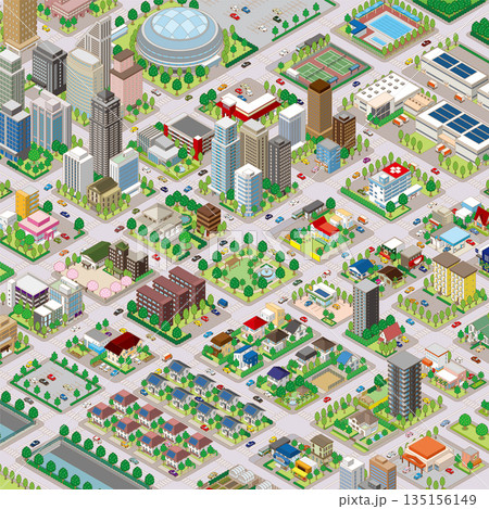 街並みの立体図. 都市の景観. アイソメ図で描いた都市. 135156149