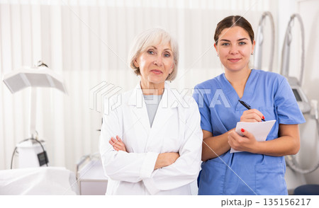 Smiling woman doctors posing against background of cosmetology devices 135156217