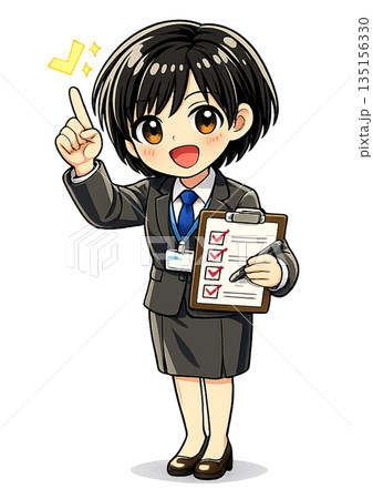 笑顔でチェックボードを持って指差し確認するスーツ姿の女性会社員のちびキャラ（チェック） 135156330