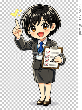笑顔でチェックボードを持って指差し確認するスーツ姿の女性会社員のちびキャラ（チェック） 135156330
