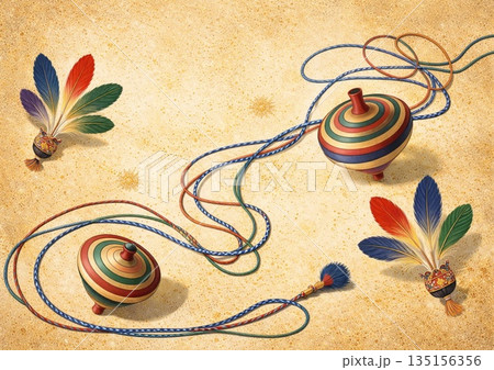 伝統的な独楽と羽子板の羽 135156356